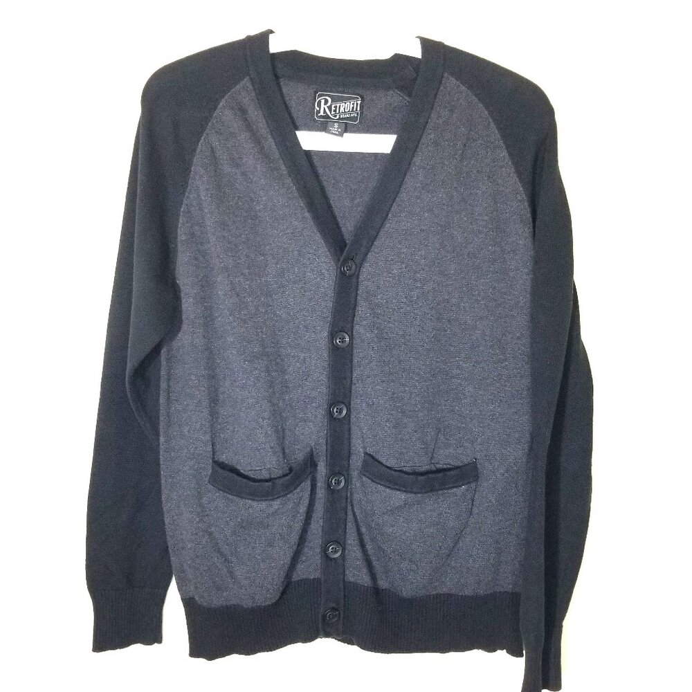 Retrofit Sweater Black Gray Knit Cardigan Button Sweatshirt ; Size: Small